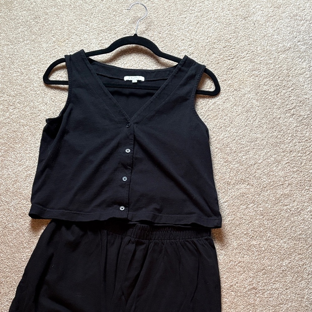 Black Sleeveless Button-Up Top and Pants Set